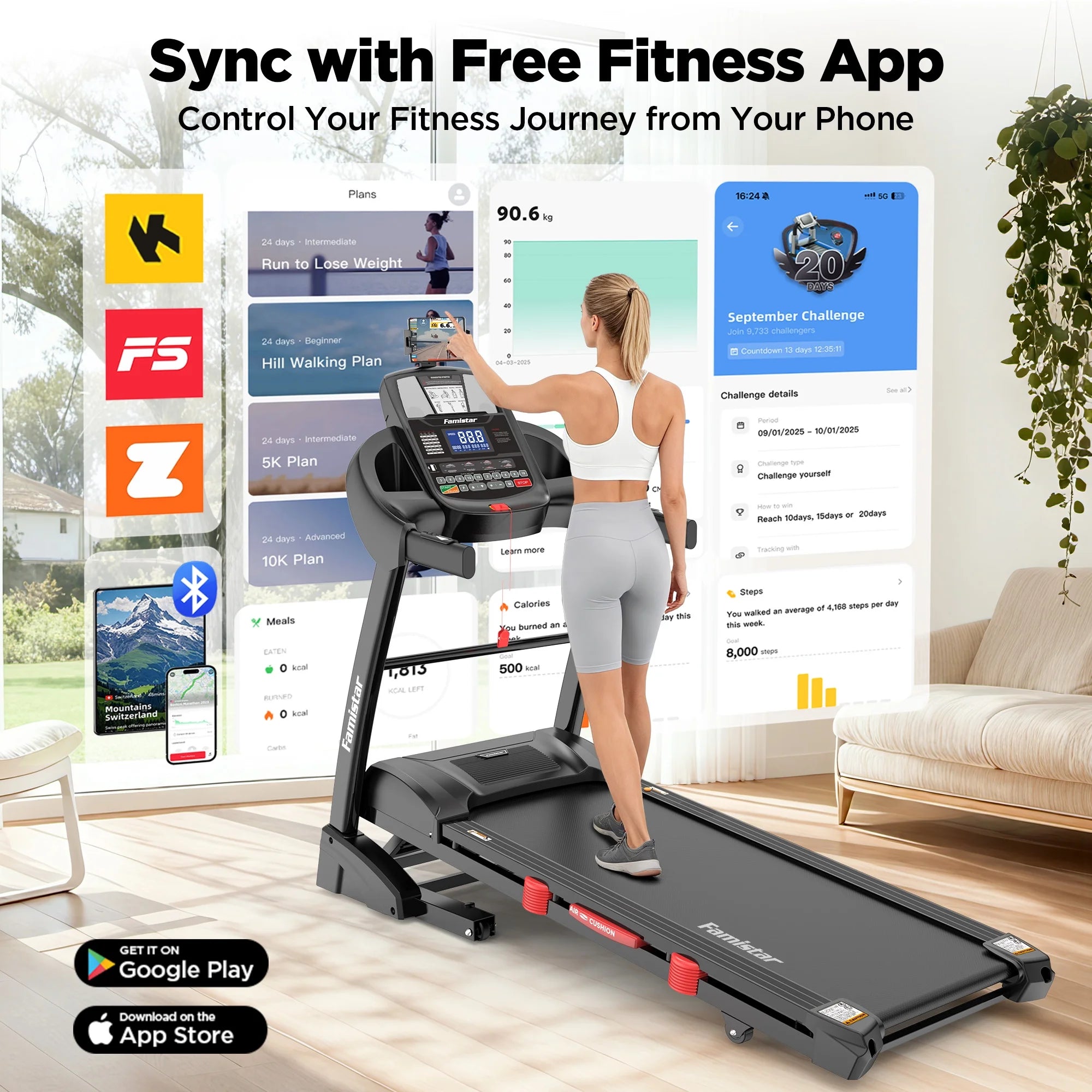 5.0HP Folding Treadmill for Home with 20 Auto Incline, Smart APP, 300Lbs, Hifi Bluetooth Speakers, 64 Programs, 12MPH Speed, Foldable Electric Treadmill Running Machine, Knee Strap Gift