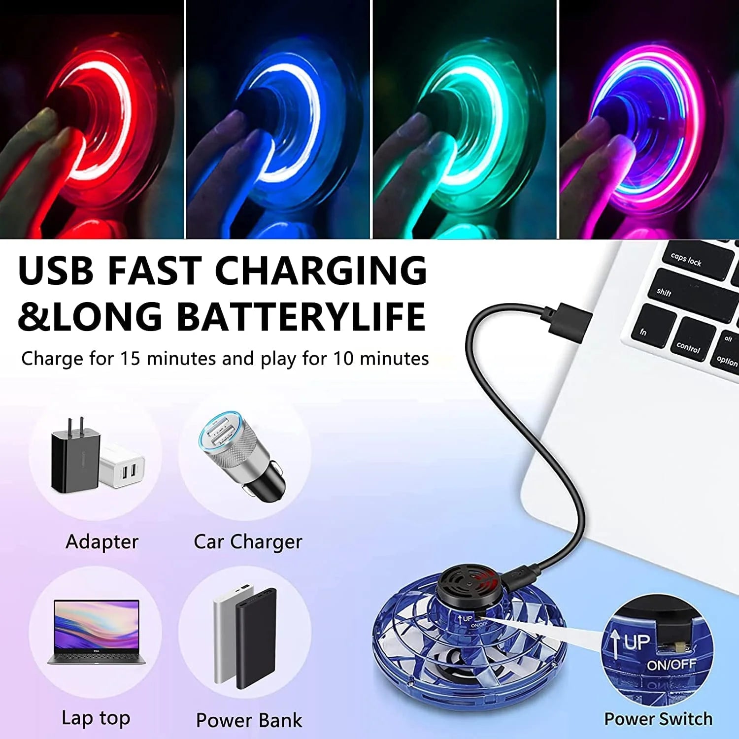 Flying Spinner Mini UFO Toy for Kids, Flying Fidget Spinner UFO Toy , Flying Orb Ball Hand Operated with 360 ° Rotating and LED Lights for Adult and Kids (Blue)