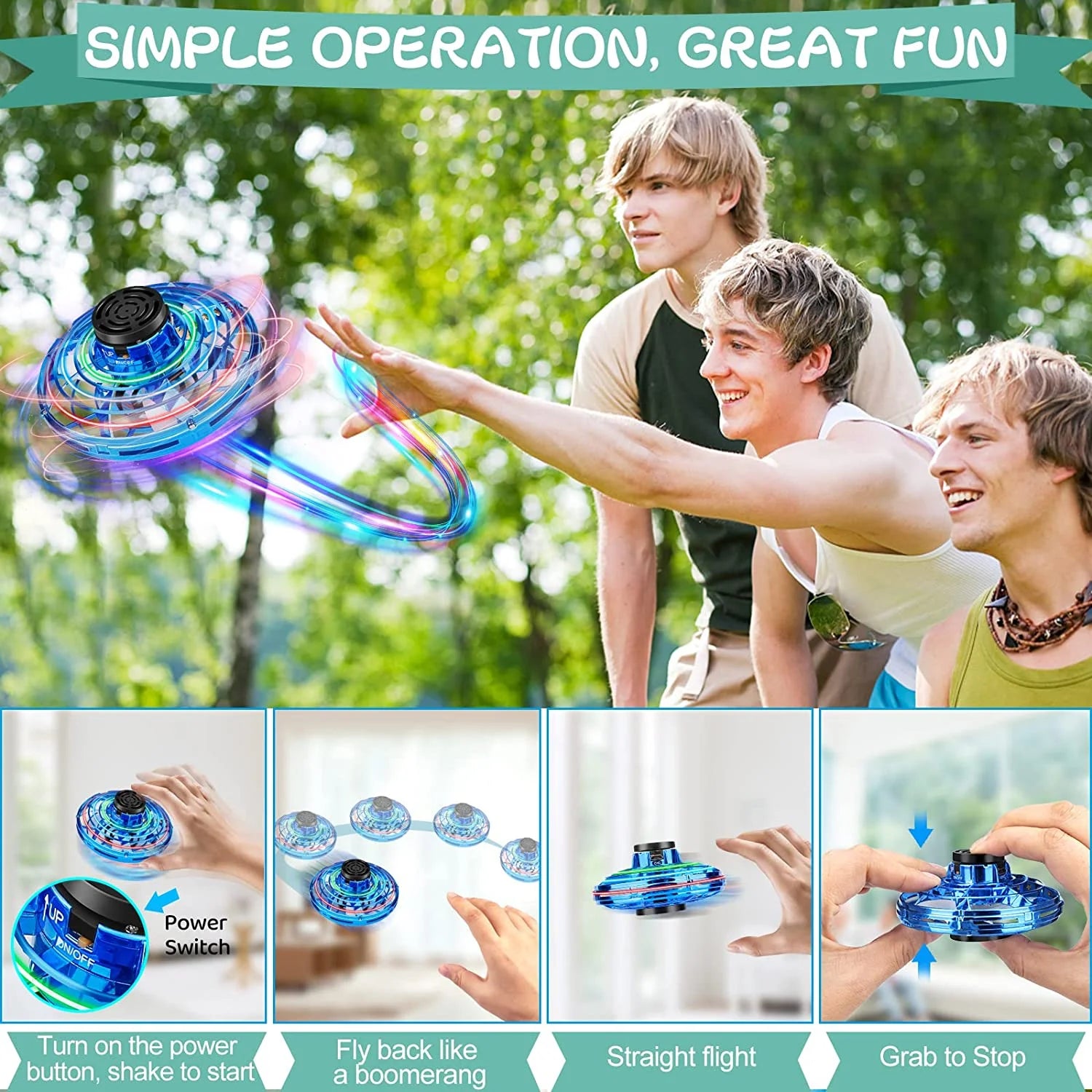 Flying Spinner Mini UFO Toy for Kids, Flying Fidget Spinner UFO Toy , Flying Orb Ball Hand Operated with 360 ° Rotating and LED Lights for Adult and Kids (Blue)